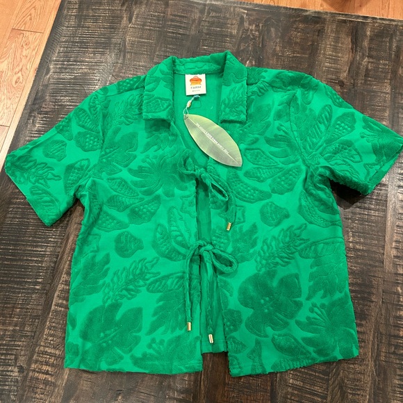 FARM Rio River Nature Terry Tie-Front Top Medium NWT Green Med M Anthropologie - Picture 2 of 13